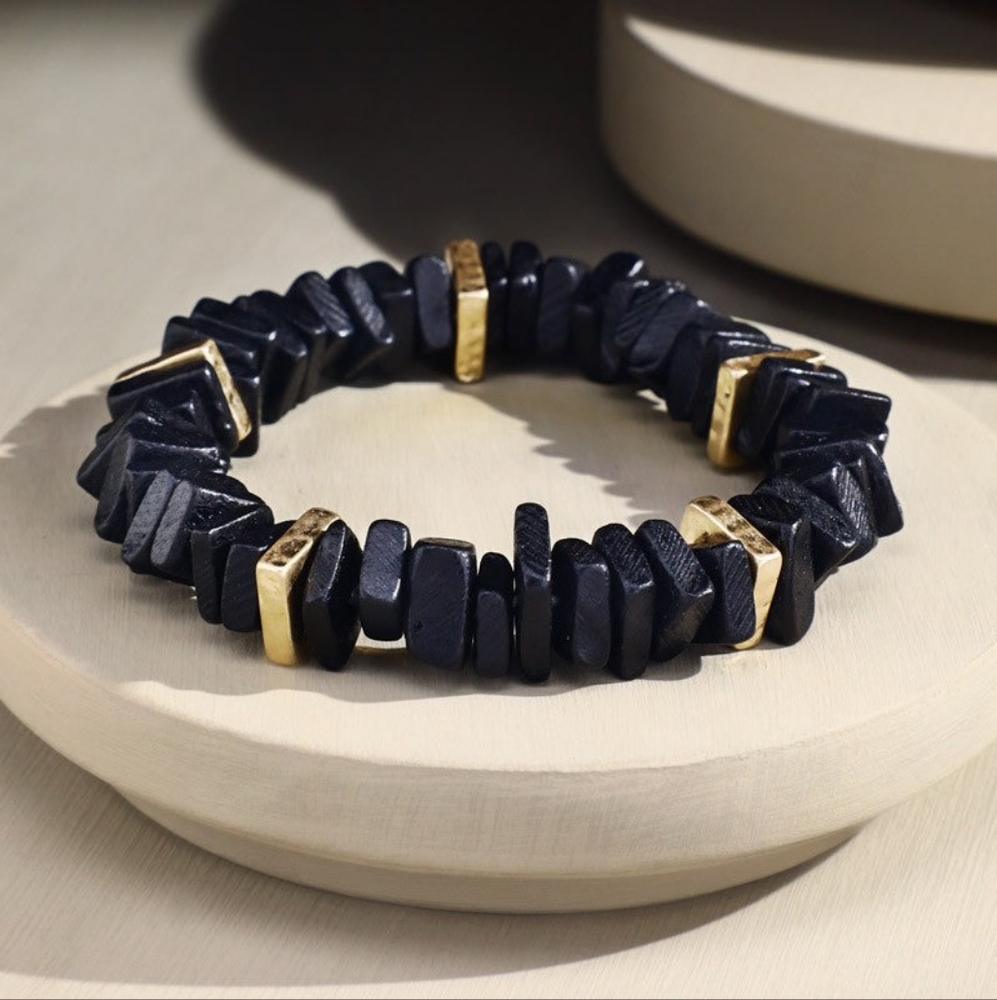 Jet Black Dyed Square Coconut Shell Stretch Bracelet w Gold Toned Metal Accents